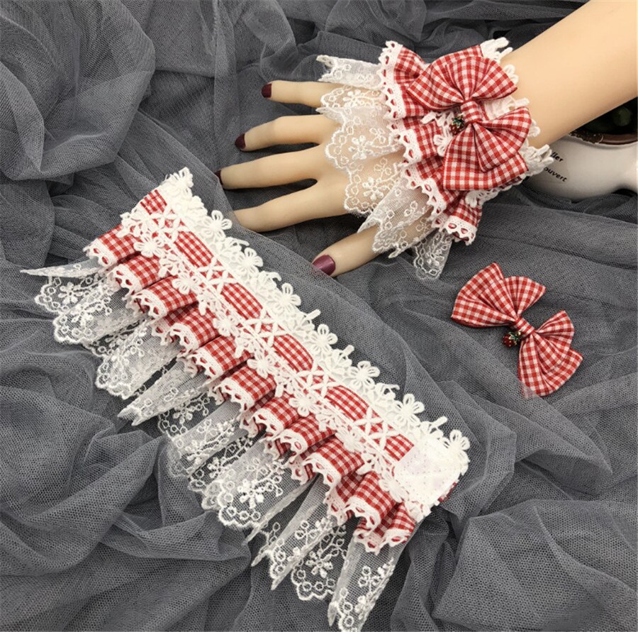 Wiktoriańska przepiękna chusta koronkowa Lolita dziewczyna truskawkowa ręka nadgarstka mankiety łuk koronkowe rękawy D462: Default Title