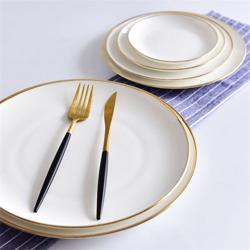 Brief Solid Round Ceramic Plate Bone China Golden Edge Dinner Plate Porcelain Household Breakfast Dishes Steak Tray Snack Plate