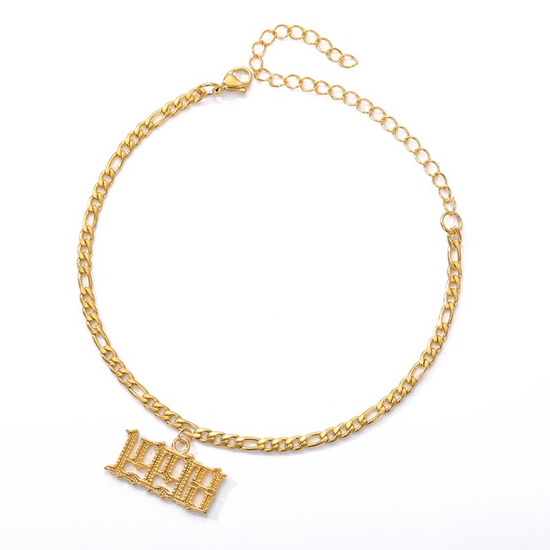 Bracelet cheville numéro d'année bracelets de cheville pour femme boho bijoux lien cubain chaîne de pied acier inoxydable police ancienne anglaise bracelet de cheville or: 1998