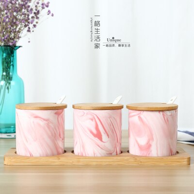 Chinese ceramic seasoning pot Kitchen Tools Gadgets Salt Sugar bowl Canister spice jar Herb Spice Tools Ceramic jar Bamboo box: 5