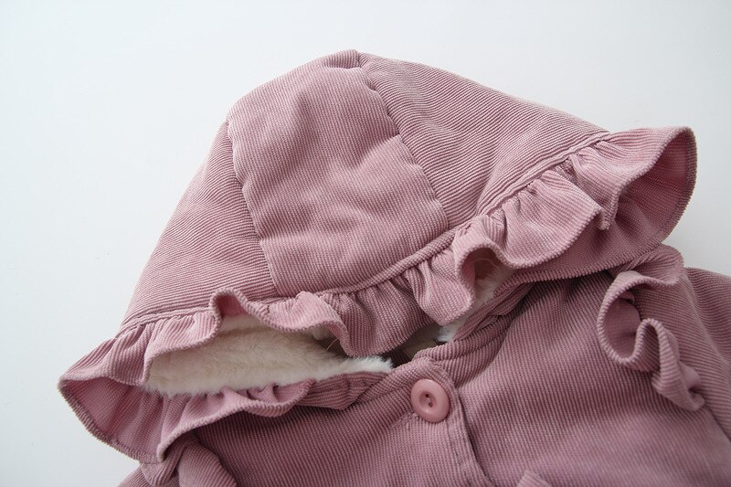 Capretti svegli Del bambino Del bambino Della Ragazza arco Manica Lunga del Cappotto di colore Solido di Inverno Caldo Ispessisce Velluto A Coste con Cappuccio Outwear Giacca per il ottavino ragazze