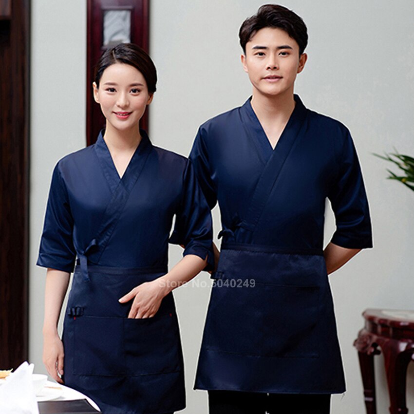 Giacca da cuoco kimono da uomo a mezza manica con scollo a v sottile blu giapponese da uomo con grembiule da donna Sushi cucinando Unfiorm: Top apron headscarf2 / 2XL