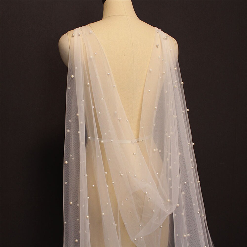 Lady Pearl Beaded Long Shawl Wedding Bridal Shoulder Tulle Women Romantic Illusion Cape