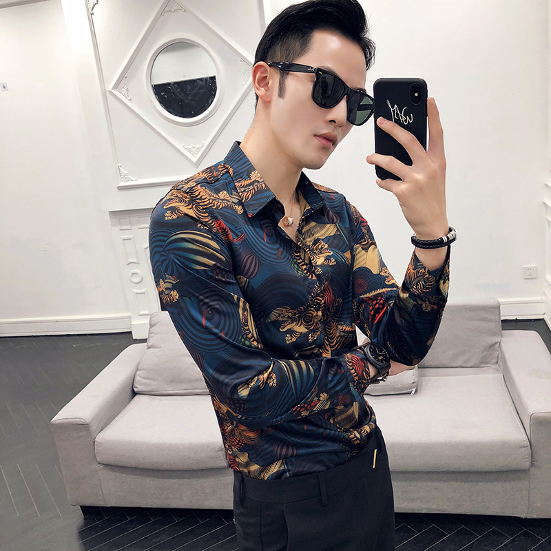 Animal Print Modeshow Vintage Shirt Mannen Camisa Masculina Slim Fit Club Party Prom Gedrukt Mens Shirt Chemise Homme