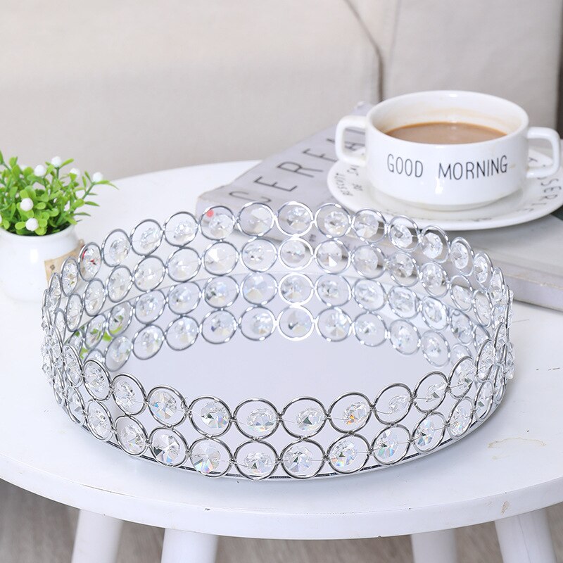 Bandeja redonda de cristal para decoración, bandeja de lujo para servir, mesa de Metal para almacenamiento de maquillaje, platos para decoración de baratija de boda