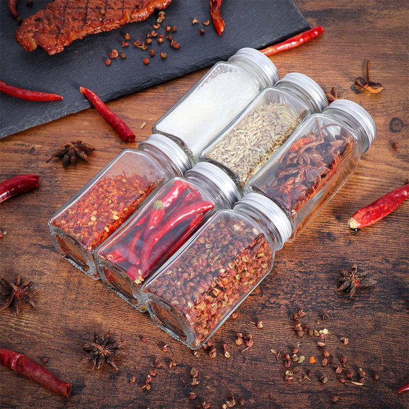 12 Uds. Tarros para especias, recipientes cuadrados de vidrio, botella para condimentos, botellas de cocina y exteriores para acampar, envases para condimentos con tapa