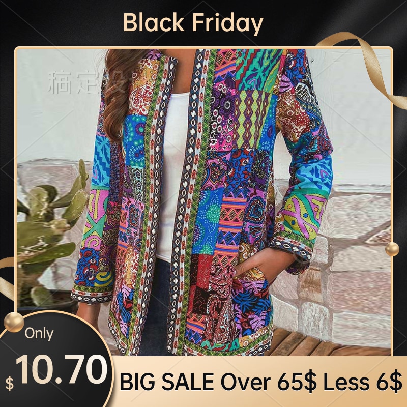 Herfst Vrouwen Vintage Etnische Stijl Bloemenprint Lange Mouwen Plus Size Katoenen Jas Jas Katoenen Jas Losse Jas Vrouw Jas