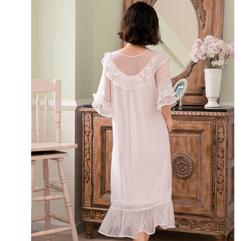 Camisón Vintage para mujer, vestido de noche romántico de princesa de encaje de malla de hadas, ropa de dormir victoriana larga, camisón de verano