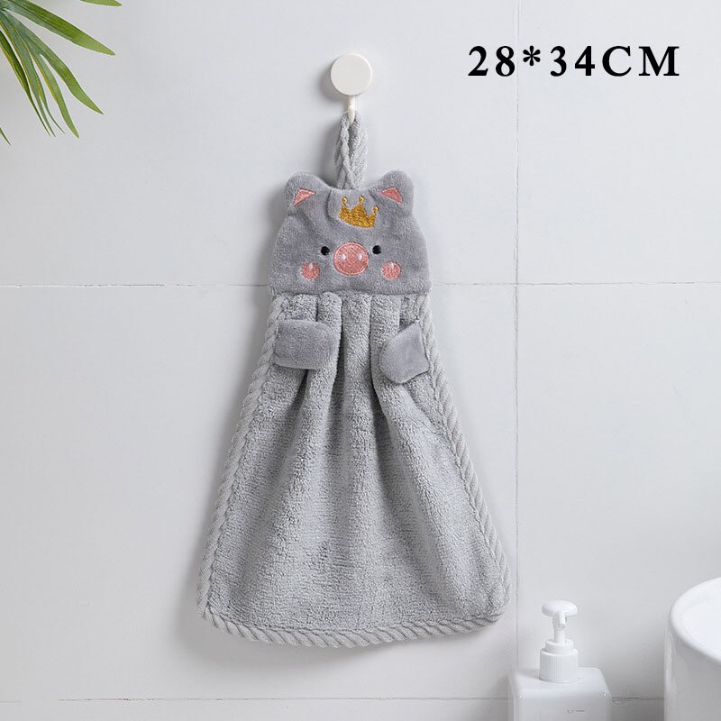 1Pcs Hand Towel Korean Style Handkerchief Wall Mounted Cartoon Pig Kitchen Supplies Soft for Household Embroidery: Gray