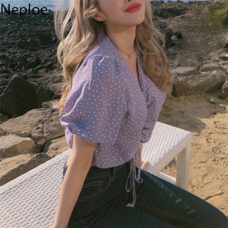 Neploe coréen Ins col en V pull cordon courte Blouse femmes bouffée à manches courtes Dot imprimer Blusas été chemise