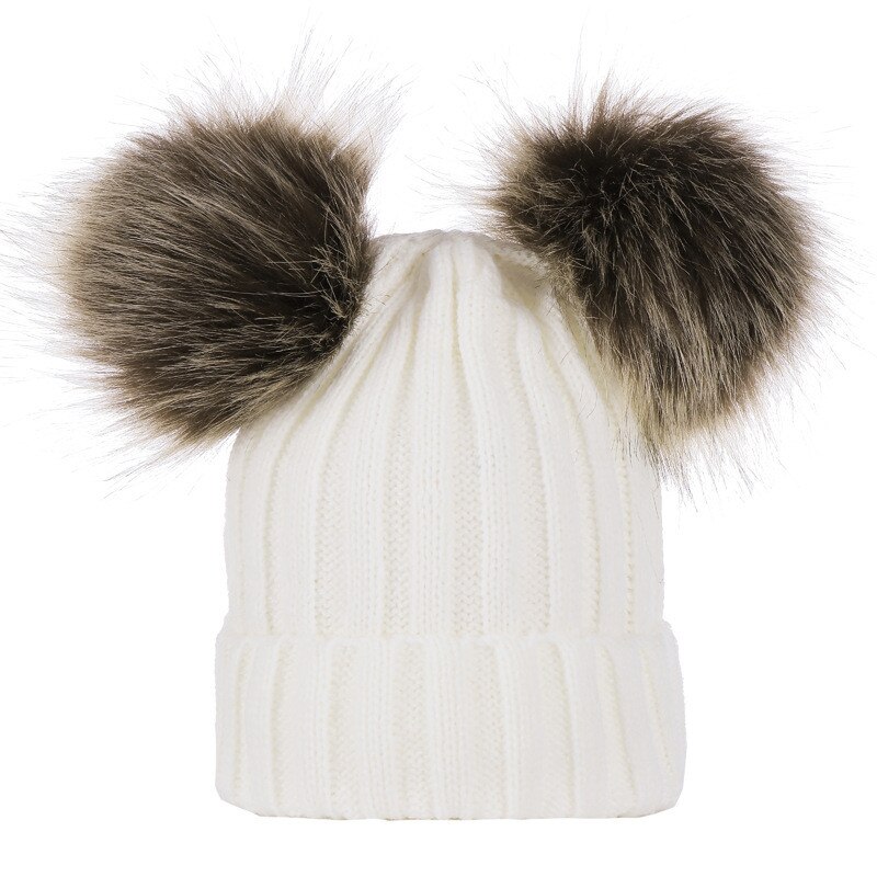 Leuke gebreide kinderen hoed met een sjaal dubbele bal faux fur hoeden sjaals set winter accessoires voor baby sjaal muts kids: 12