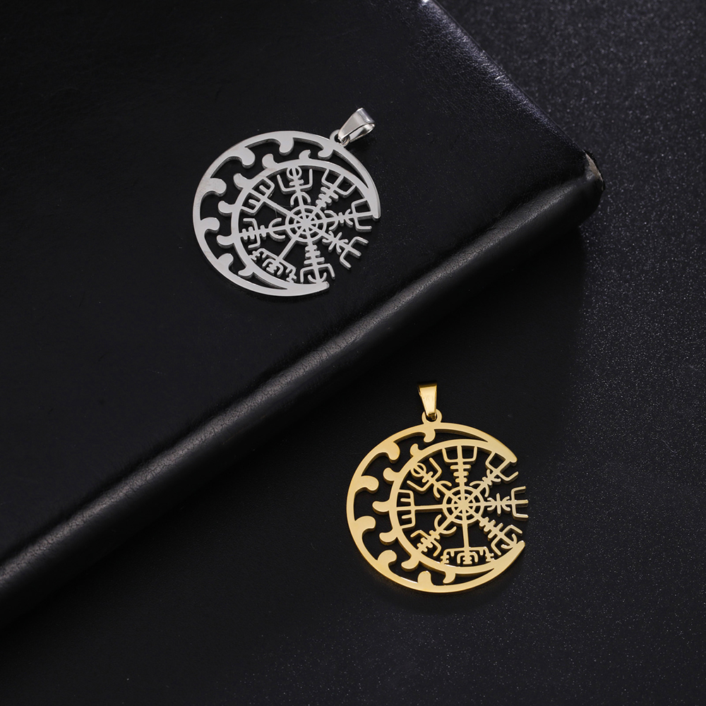 Dawapara Viking Compass Vegvisir Pendant Crescent Amulet Runes Circle Stainless Steel Charms for Jewelry Making Nordic
