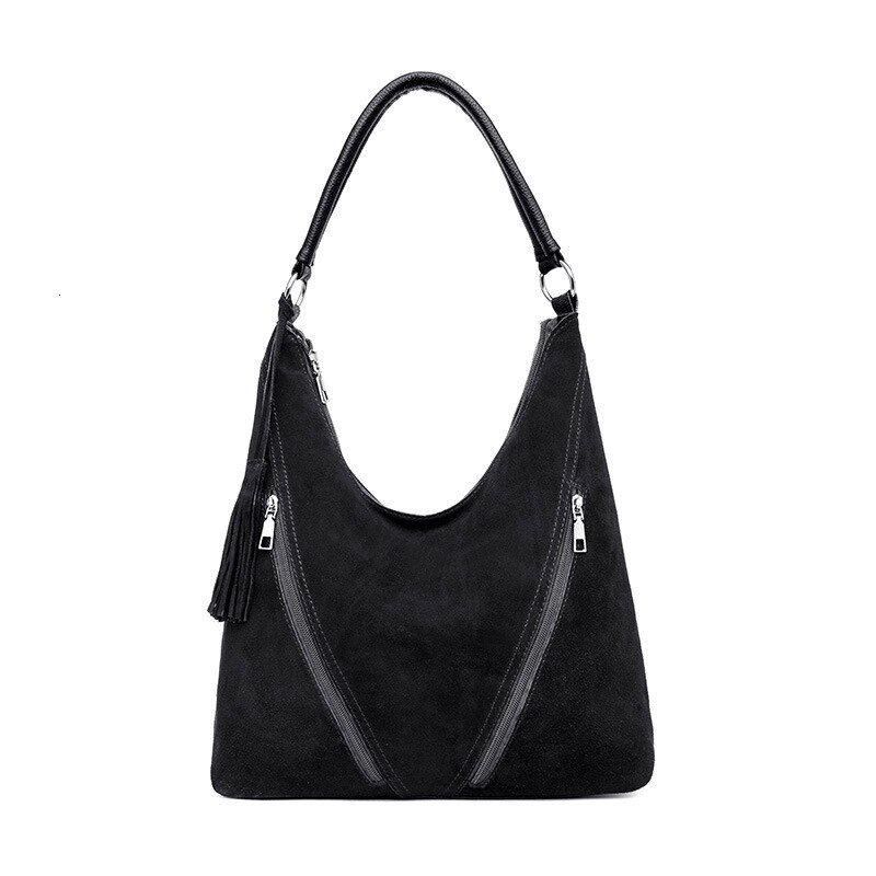 VM KISS Female Suede Leather Shoulder Bag Women Leisure Tassel crossbody Handbag Hobos Messenger Top-handle bags Purse: black