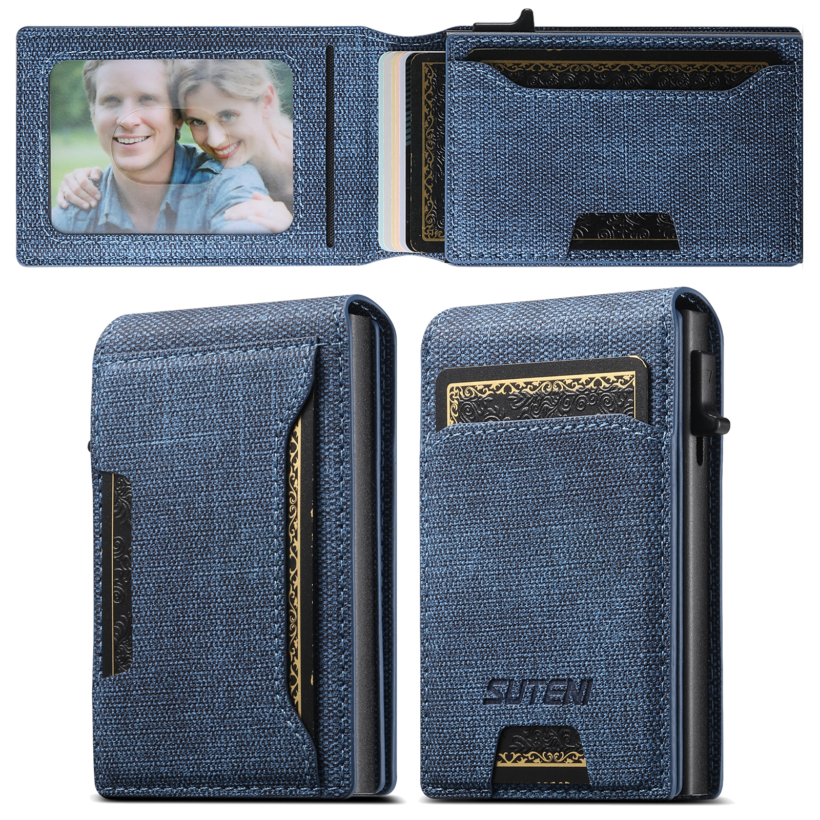 Push-out Card PU leather Card Holder Wallet Holder Large Capacity Can Hold 1-12 Cards 1 Photo Black/Brown/Blue: Blue