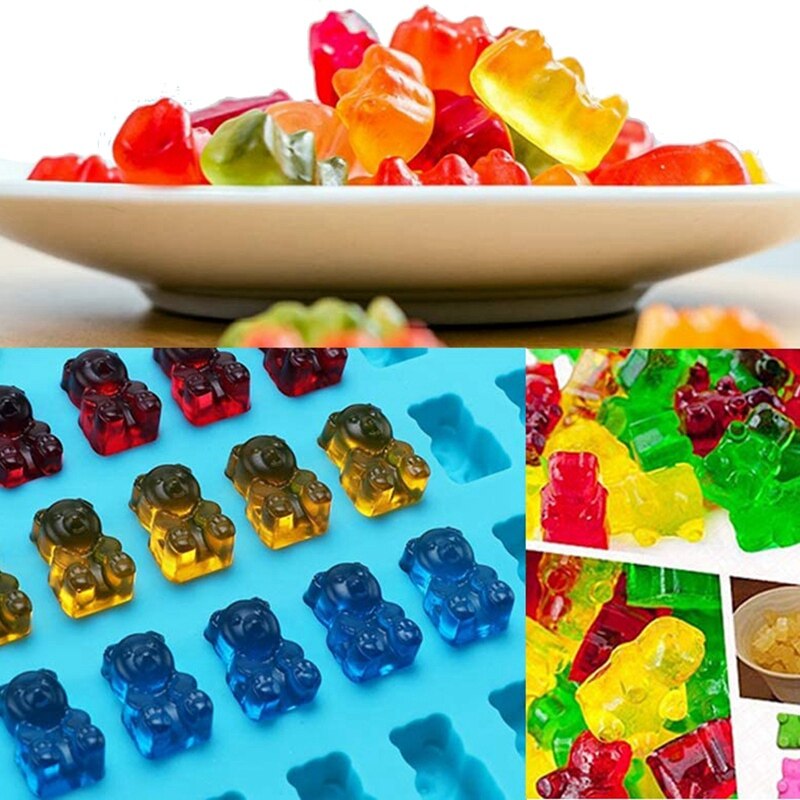 50 holtes kleurrijke siliconen beer gummy snoepvorm met 6 druppelaars voor diy snoep, gelei, koekje, chocolade, ijs  -6- pack