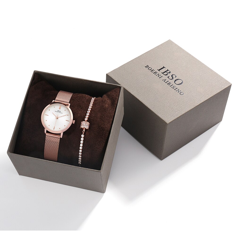 IBSO – ensemble de montres Ultra fines pour femmes, 8mm, maille or Rose, bracelet en acier inoxydable, à Quartz, horloge, pour dames: 3629 set 1