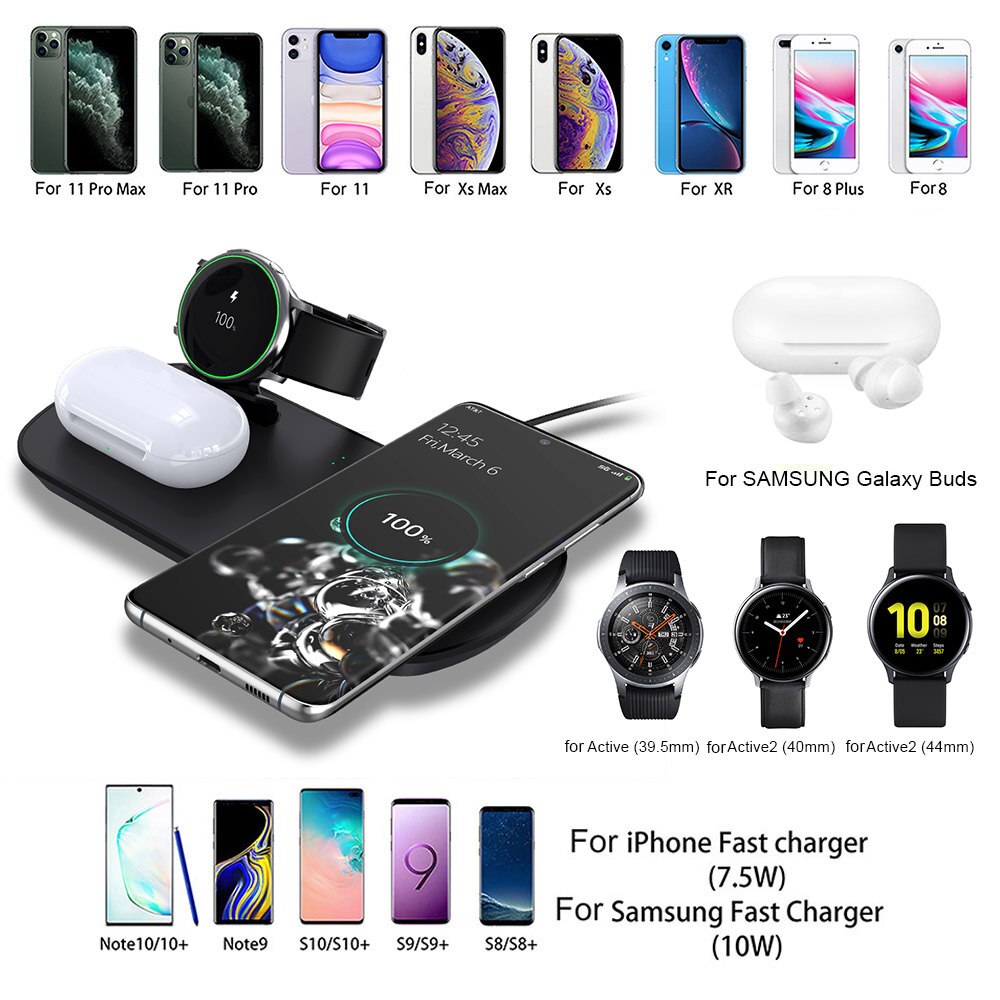 3 In 1 Qi Draadloze Oplader Dock Station Voor Samsung Horloge Actieve Galaxy Knoppen 10W Snelle Draadloze Opladen Pad voor Samsung S10 S20