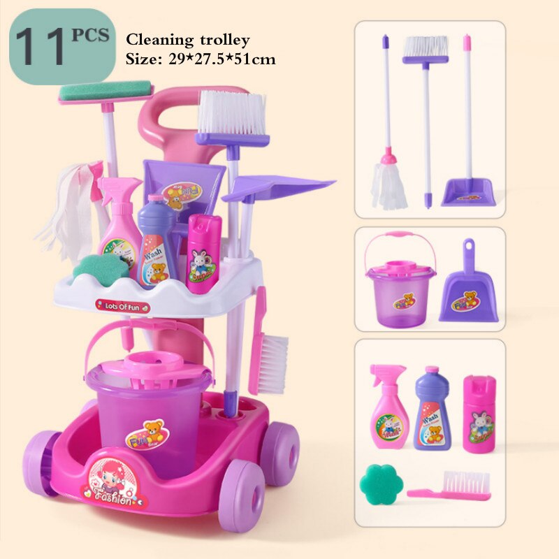 Nieuw Product Kinderen Simulatie Vegen Speelgoed Cleaning Kit Tool Trolley Simulatie Play Huis Schoonmaken Speelgoed Jongen Meisje Speelgoed: 11pcs