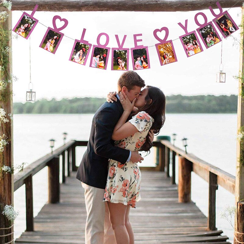 I LOVE YOU Photo Banner Heart Garland Banner for Valentines Day Wedding Engagement and Party Decoration Supplies