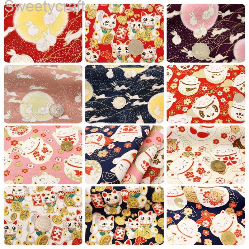 110*45cm halve gård 100%  bomuldsstof brise bronzing vinkende kat print gør-det-selv håndlavet sytaske dekoration ark tissue klud