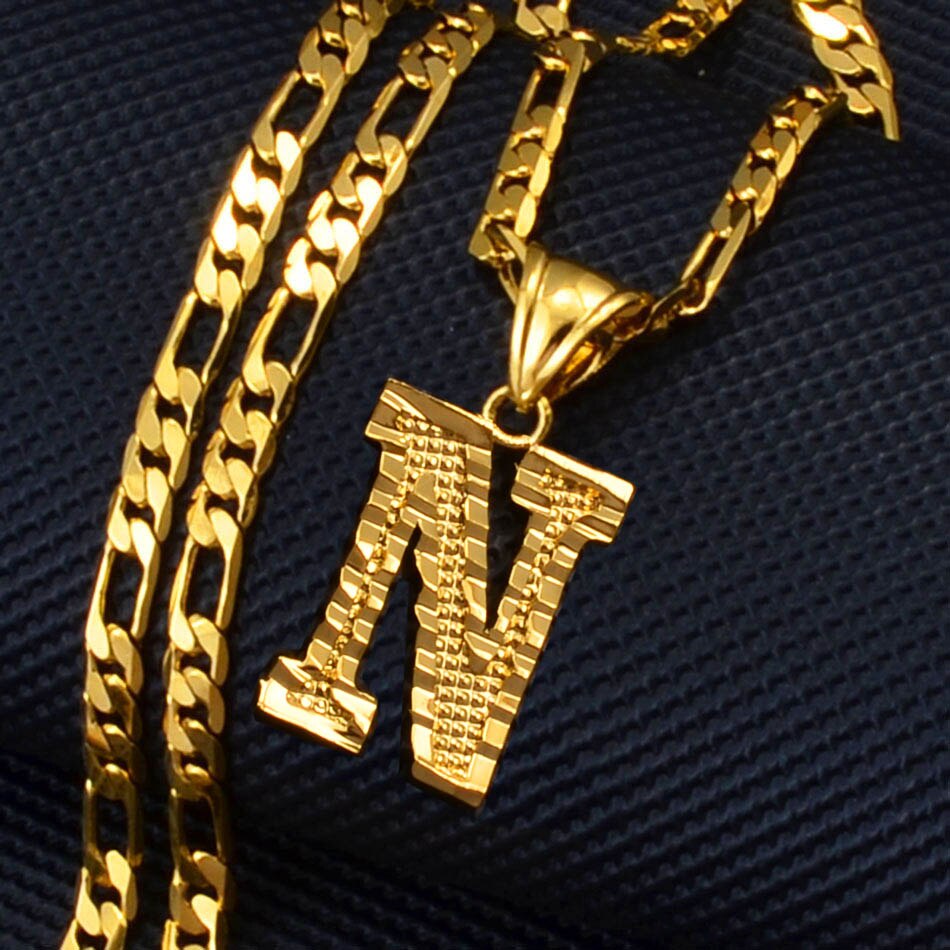 Anniyo A-Z Letters Pendant Necklaces for Women Men Girls English Initial Alphabet Figaro Chains Gold Color Jewelry #058002S: 60cm / Blue white zinc plated