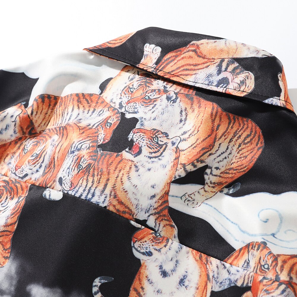 Zomer heren overhemd etnisch bedrukt tijgerprint kraag katoenen korte mouwen los bloemen henley overhemd bloemen overhemd