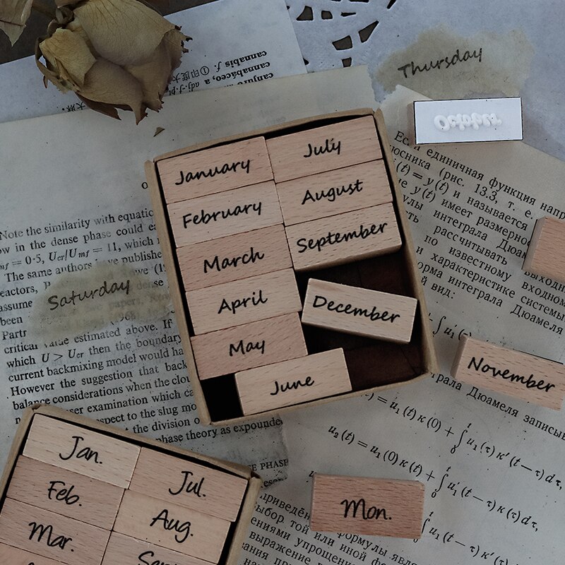 Vintage kuukausi puuleimasin setti bullet journal kumileimasimet scrapbooking-kortteihin koristelu kohokuviointi askartelu standardi leima
