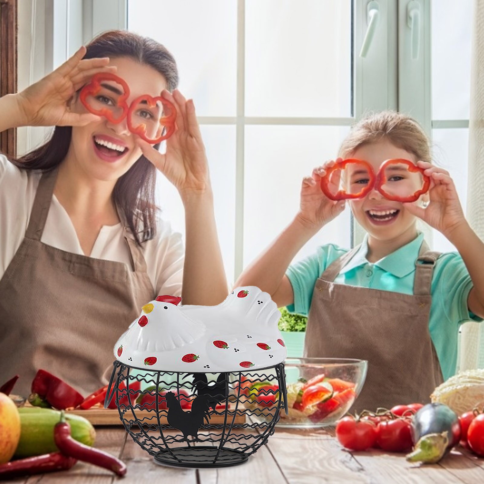 Egg Storage Basket Egg Holder Chicken Wire Egg Basket Fruit Basket Collection Ceramic Hen Oraments Decoration Kitchen Storage