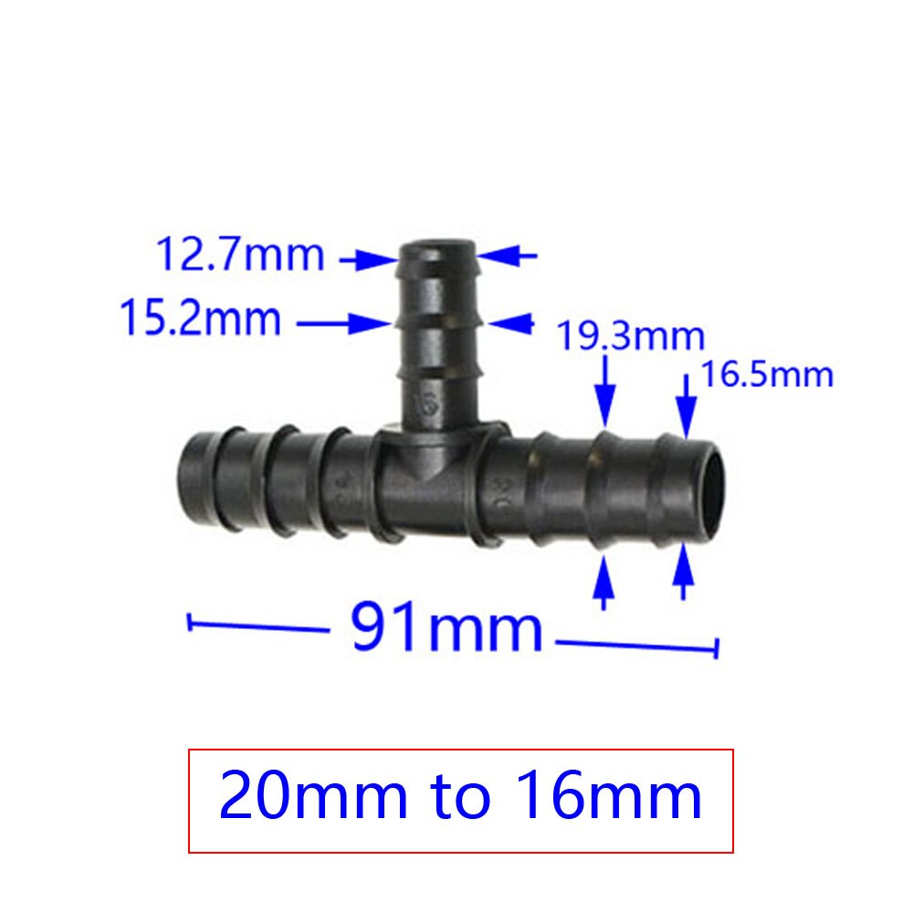 T-form 1 &quot;  to 3/4 &quot;  to 1/2 &quot; hageslange tee-kobling redusering vann splitter tee barb vannkobling for 25mm/20mm/16mm slanger 2pc