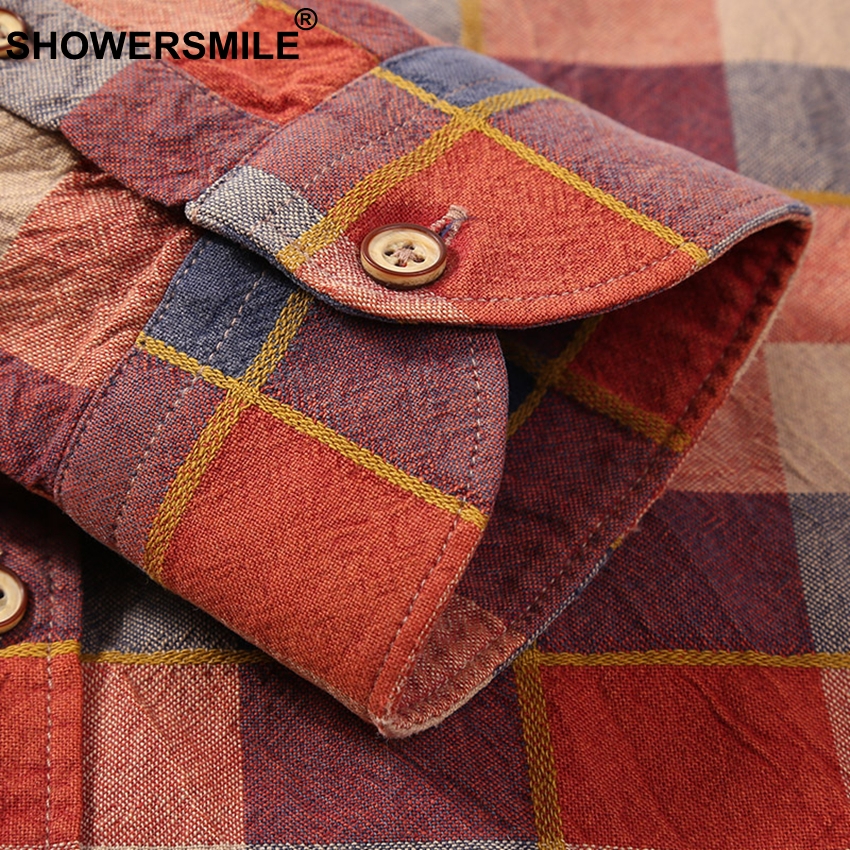 Showersmile brune rutete skjorter menn flanell casual langermet skjorte herre bomull slim fit rutete klær i britisk stil