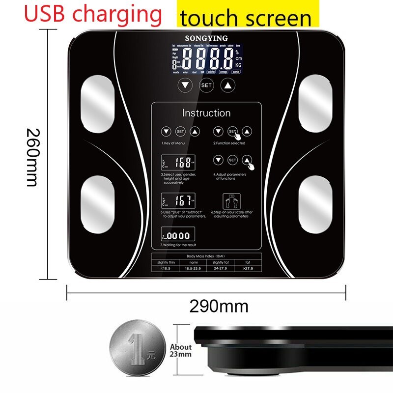 Smart Bluetooth Digital Body Fat Scale Electronic Bathroom Scale Body Composition Analyzer For Weight Body Fat Water BMI Muscle: USB charging B