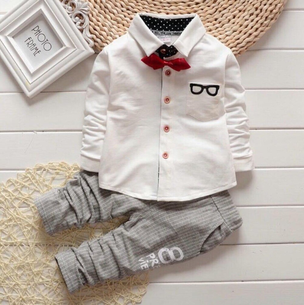Korean newborn Baby Boy Clothing Sets children Bow tie shirts glasses Top+ pants kids cotton cardigan two piece suit