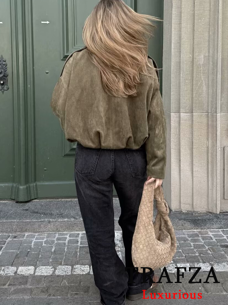 Trafza afslappet blød bomberjakke dame lange lanterneærmer overdimensionerede forår sommerfrakker streetwear lynlås outwear
