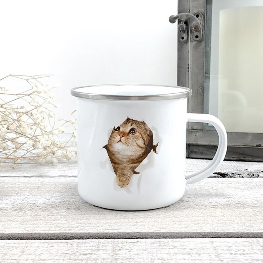 Kreative 3d Druck Katze Emaille Kaffee Tee Becher Hause Frühstück Nachtisch Milch Hafer Tassen mit Griff Wasser Becher für Liebe katze Menschen: XH2909-A015WH-8