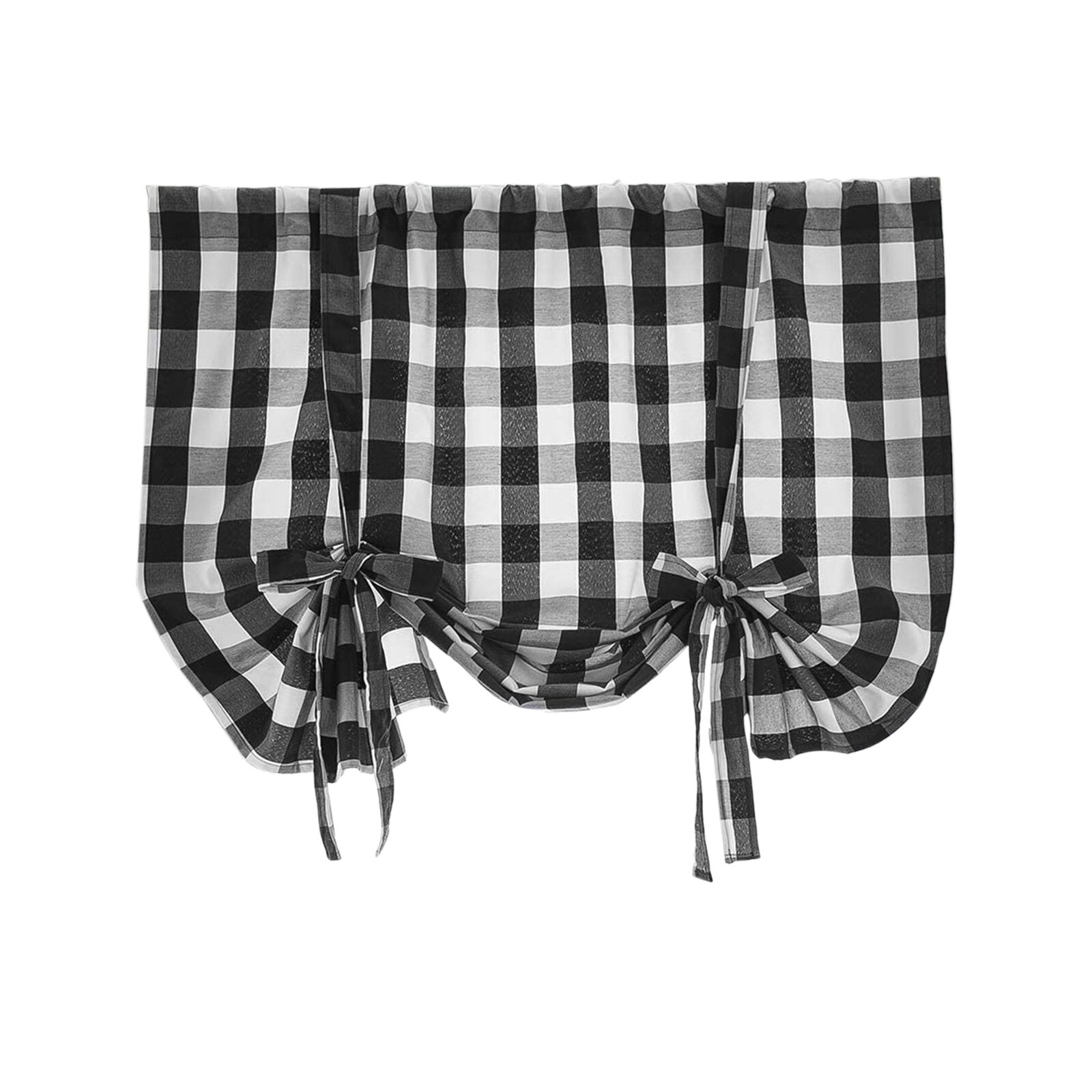 Cortina de ventana corta con estampado a cuadros, persianas romanas ajustables con agujeros, cortinas opacas para sala de estar y cocina: Negro / 80x140cm