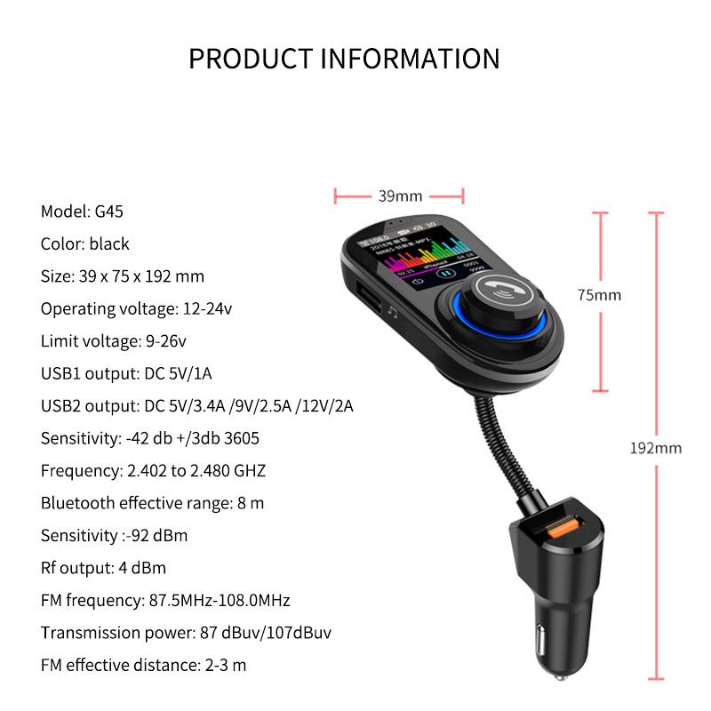 Samochodowy odtwarzacz Mp3 Bluetooth 5.0 kolorowy duży ekran bezstratnej dźwięku G45 podwójna ładowarka samochodowa USB nadajnik FM głos budzić-w górę zestaw głośnomówiący