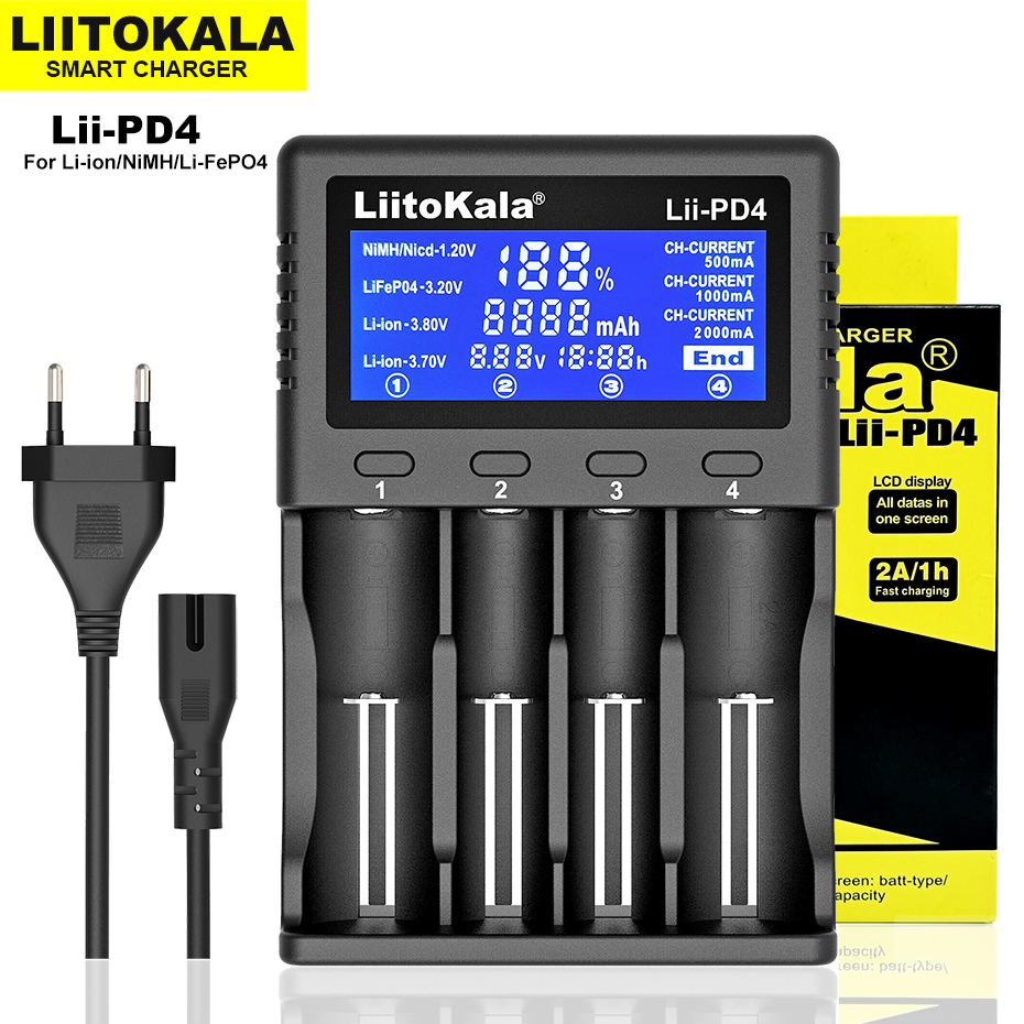 Liitokala Lii-M4S Lii-500 Lii-PD4 Lii-500S LCD 3.7V 18650 18350 18500 21700 20700 14500 26650 AA NiMH Lithium-Battery Charger: black