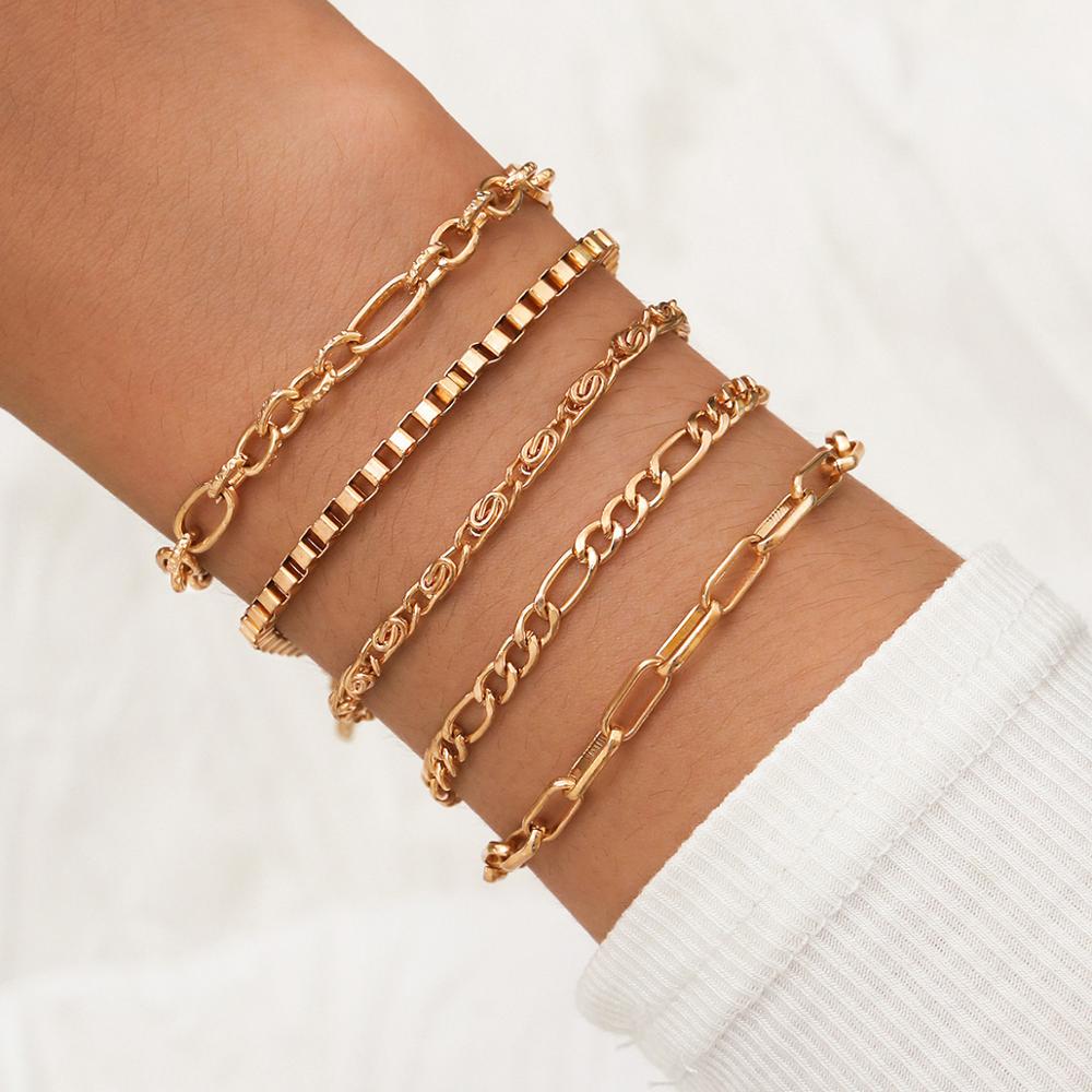 Diezi Multilayer Zilver Kleur Chain Armbanden En Armbanden Voor Vrouwen Mannen Chunky Armband Koppels Mannen Vintage Boho Sieraden 5 Stks/set: Gold-003