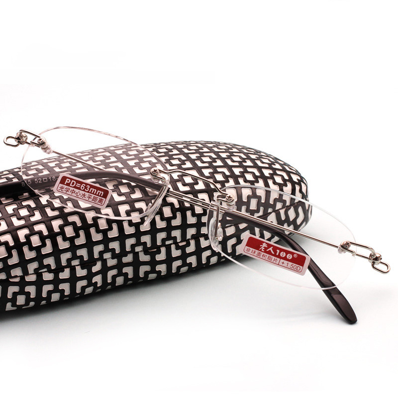 Vierkante Rimelss Leesbril Flexibele Verziend Bril Met Case Hars Clear Lens Frameloze Glazen Frame Mannen