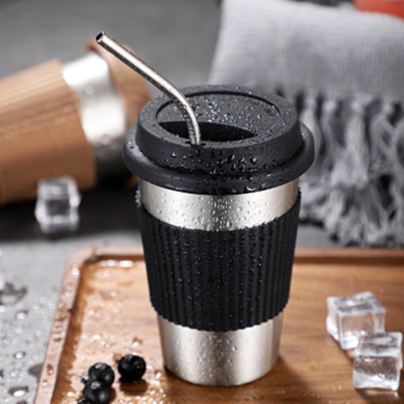 Stainless Steel Coffee Cup with Silicone Lids Non-slip Anti-scalding Sleeves Drinking Tumblers Beer Milk Tea Coffee Mugs 400ml