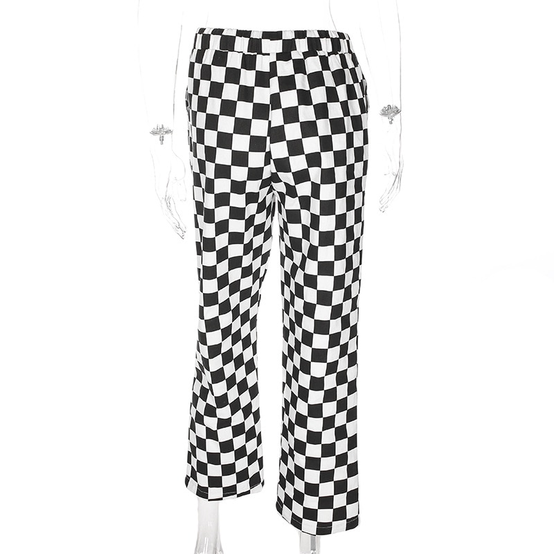 Zwart en Wit Geruite Broek Womens Hoge Taille Geruite Rechte Broek Casual Losse Mode Broek Pantalon Femme Joggingbroek