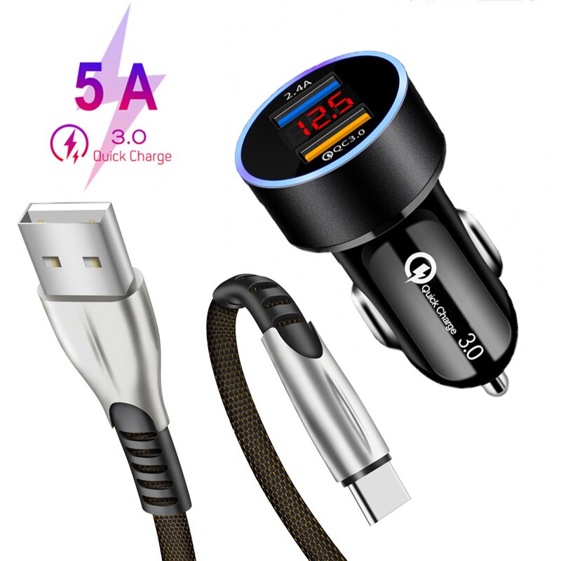 Cargador de teléfono para coche, cable de datos USB tipo c de carga rápida 5A, QC 3,0, LED, para OPPO A52, A72, A92, Reno 2, 2Z, 3, 4 Pro, VIVO Y17