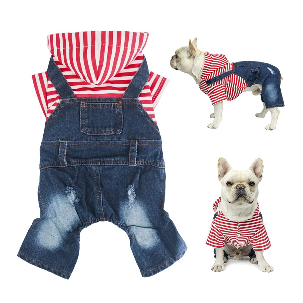 Small Dog Hoodie Clothes Stripe Shirts Denim Jumpsuit Outfit for Small Medium Dogs Cats Boy Girl Blue Jeans Overalls for Puppy: XL / Red