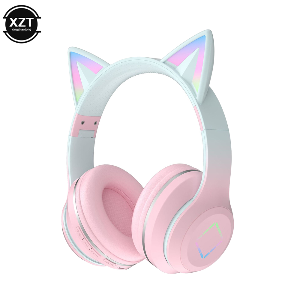 Headset Bluetooth 5.1 Draadloze Gamer Schattige Kat Oor Koptelefoon Met Microfoon Rgb Led Licht Voor Kinderen Pc Gamer Laptop Oordopjes: Black