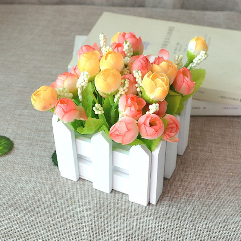 1 sett tregjerdevase + blomsterrose og tusenfryd silke kunstige blomster hjemmedekorasjon hageinnredning bursdag: J