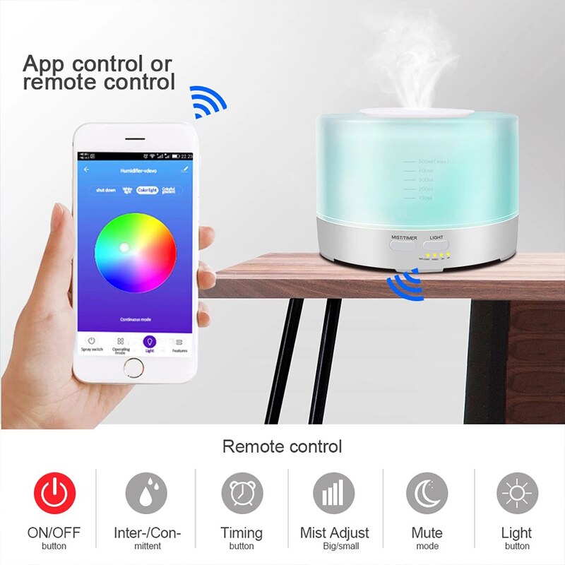 550ML APP Controle Luchtbevochtiger Aroma Essentiële Olie Diffuser Met Afstandsbediening Houtnerf 7 Veranderende Kleuren LED Lamp voor Thuis