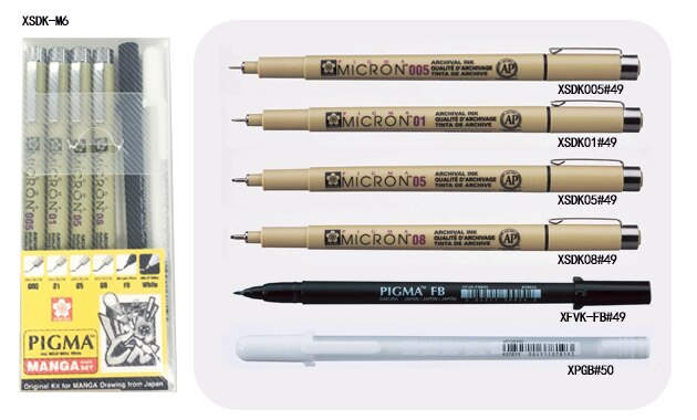 Japan Sakura Pigma Micron Drawing Pen Black Fineliner Set Manga Architecture Pen Soft Brush Graphics Sketch Art Supplies: 6pcs Animation Set