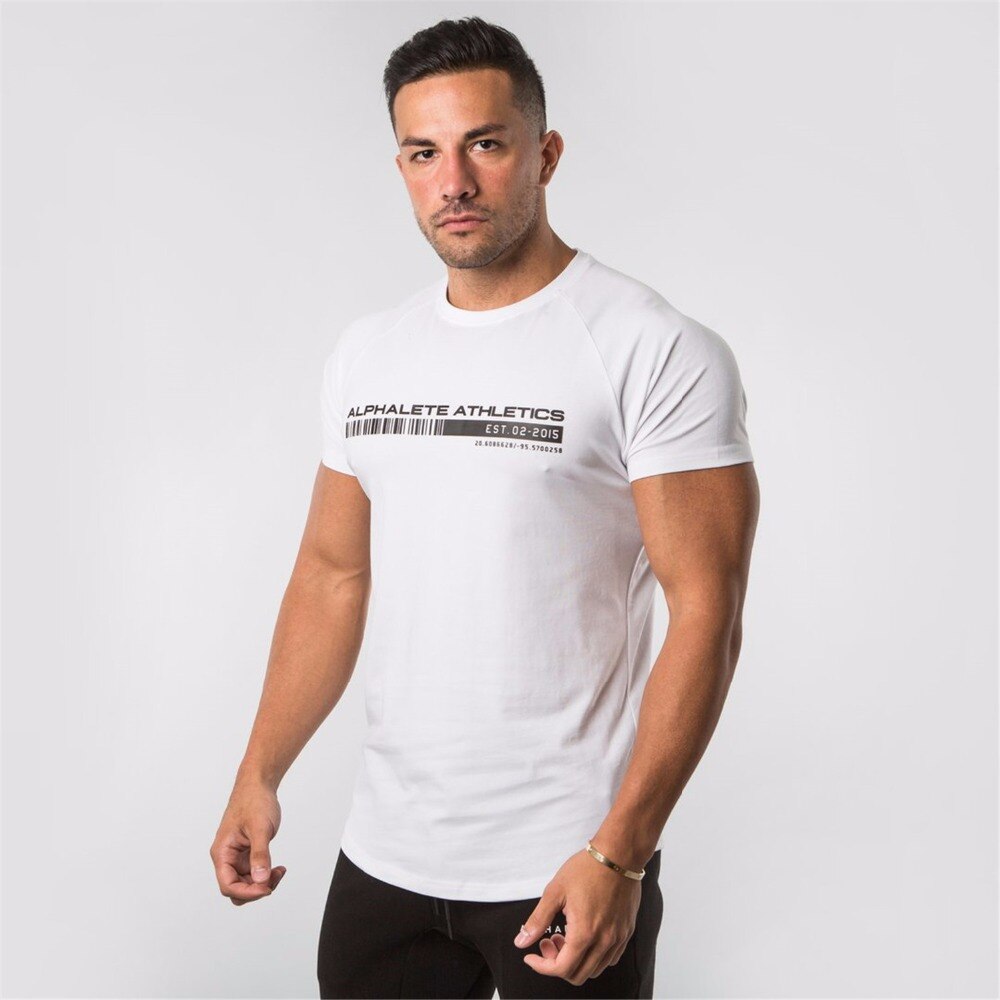 Gym sport t-shirt herr kortärmad löpar t-shirt bomull herr t-shirts toppar fitness bodybuilding herr t-shirts: Vit / Asiatisk storlek m