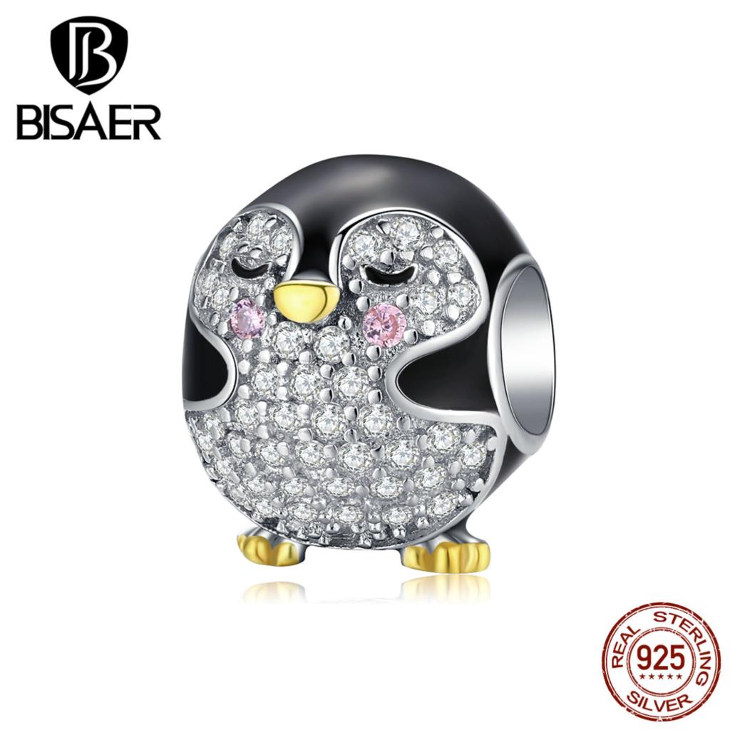 Pingüim jóias bisaer 925 prata esterlina sorte pingüim encantos apto para contas pulseiras zircão cúbico diy jóias fazendo efc126