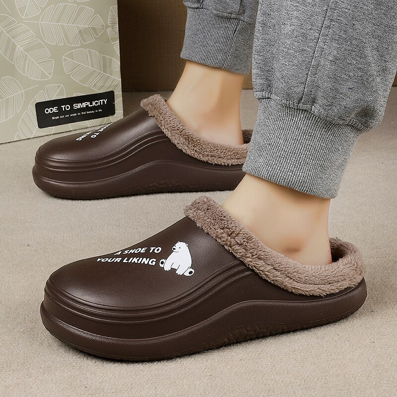 Zuecos de casa de invierno para hombre, zapatillas de levantar con impresiones, Forro cálido de felpa, zapatos impermeables para casa, zuecos cálidos de ,